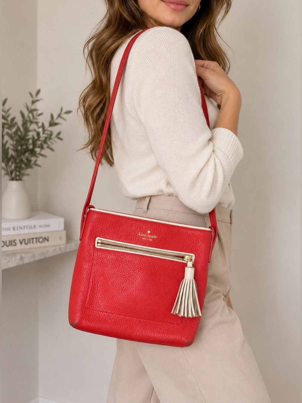 Kate Spade Red Orange Leather Crossbody with Ivory Tassel